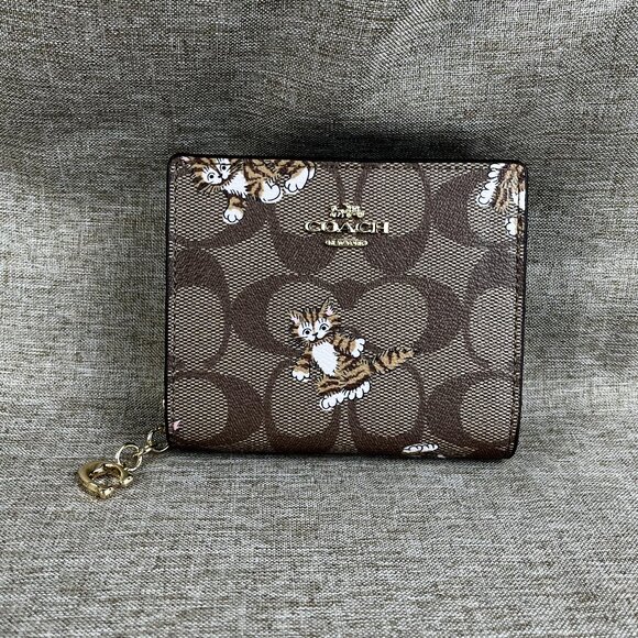 Snap Wallet In Signature Canvas With Dancing Kitten Print - Picture 1 of 9